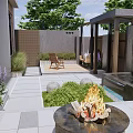 Courtyard Garden Design With Paved Area Wooden Deck Green Plants And Seating Space