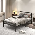 Modern Double Bed With Metal Frame Cozy Bedding Pillows And Nightstand Lamp