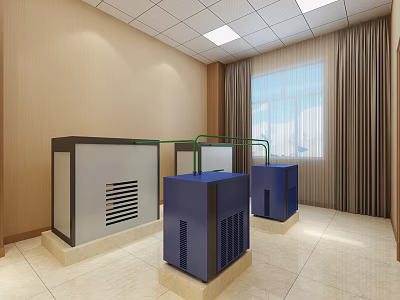 Industrial Blue White Equipment With Green Pipes In Tiled Room Window Curtains And Ceiling Lights 3d model