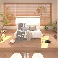 Cozy White Lazy Sofa With Quilted Design In Bright Room With Wooden Blinds And Plants