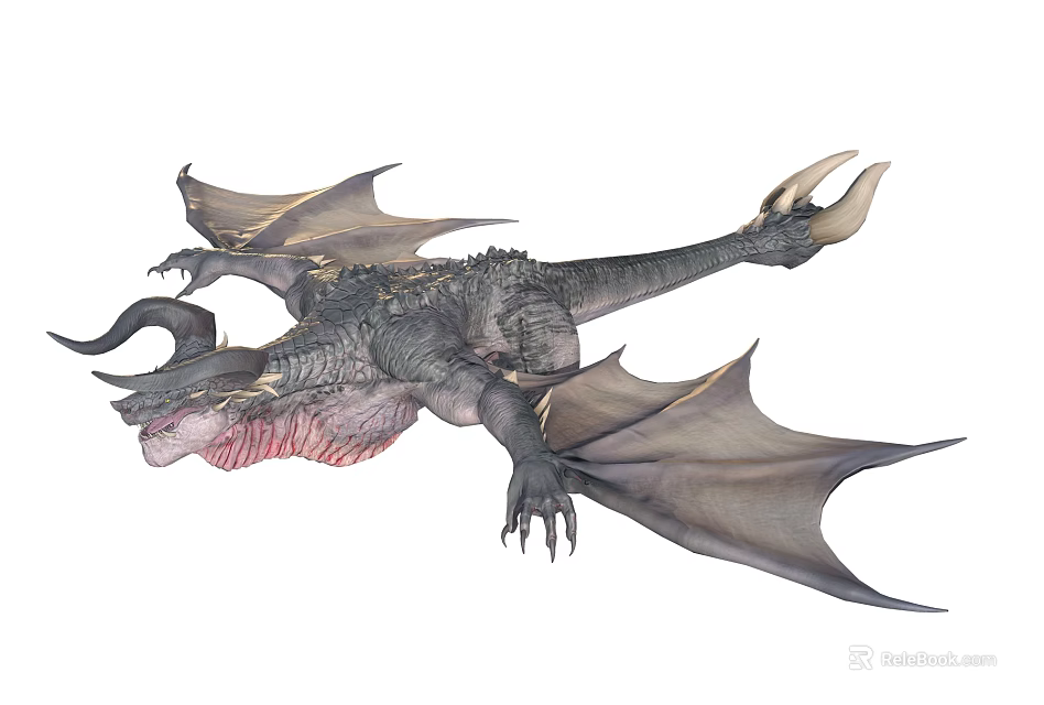 3D Rendered Dragon With Large Wings Gray Skin Open Mouth Red Interior And Sharp Claws 3d model 