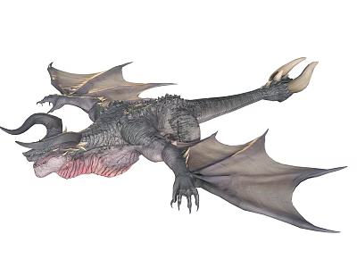 3D Rendered Dragon With Large Wings Gray Skin Open Mouth Red Interior And Sharp Claws 3d model
