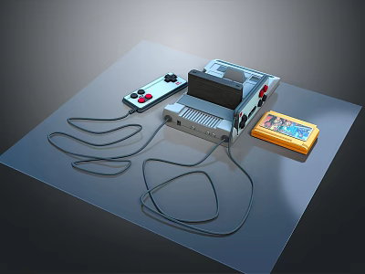 Vintage Computer Console Setup With Connected Controllers And Yellow Game Cartridge 3d model