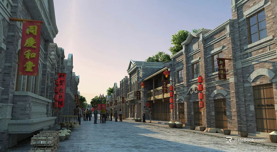 Ancient Architecture Scenic Street With Traditional Buildings Red Lanterns And Pedestrians 3d model 