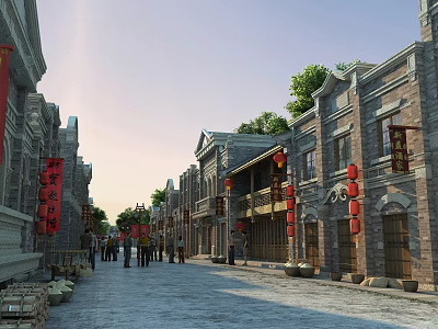 Ancient Architecture Scenic Street With Traditional Buildings Red Lanterns And Pedestrians 3d model