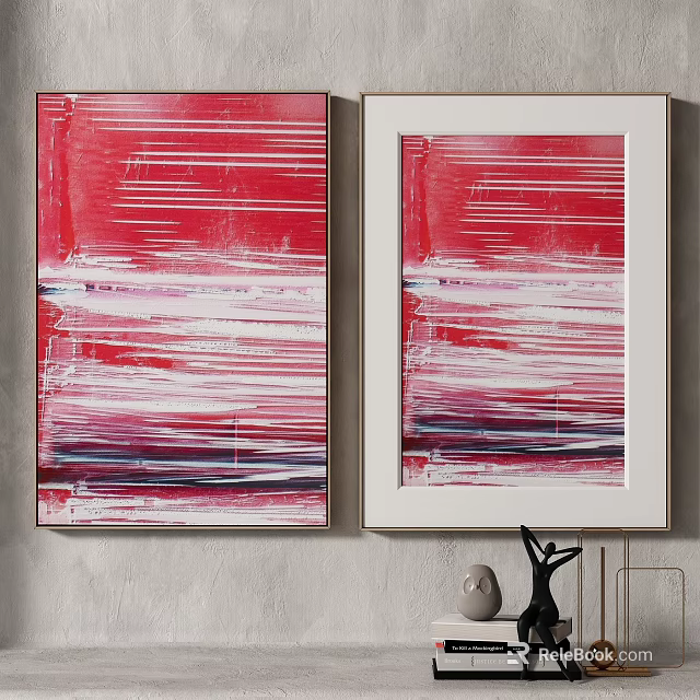 Red And White Abstract Paintings With White Frames Hanging On Gray Wall 3d model