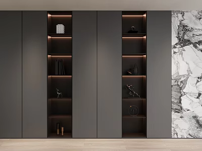 Modern Gray Bookcase with Lighted Shelves and Marble Wall for Decorative Items and Books 3d model