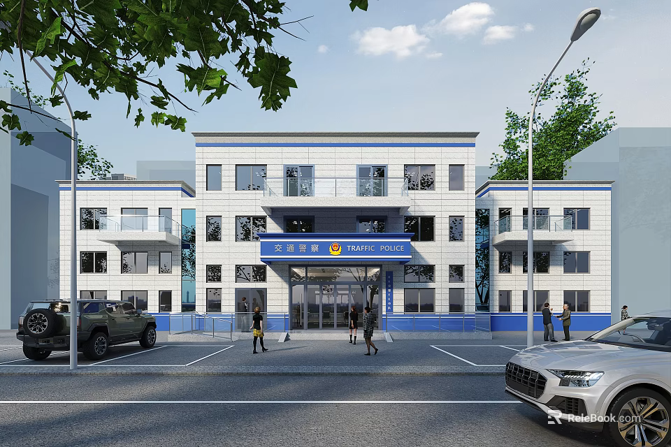 White Blue Exterior Modern Multistory Building With Parking Area People Walking Green Trees Vehicles 3d model 