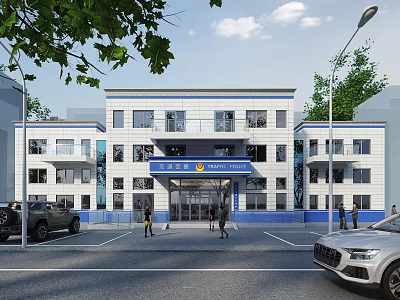 White Blue Exterior Modern Multistory Building With Parking Area People Walking Green Trees Vehicles 3d model