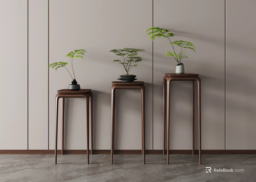 Modern Wooden Plant Stands With Green Plants In Minimalist Space 3d model 