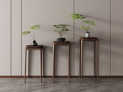 Modern Wooden Plant Stands With Green Plants In Minimalist Space 3d model