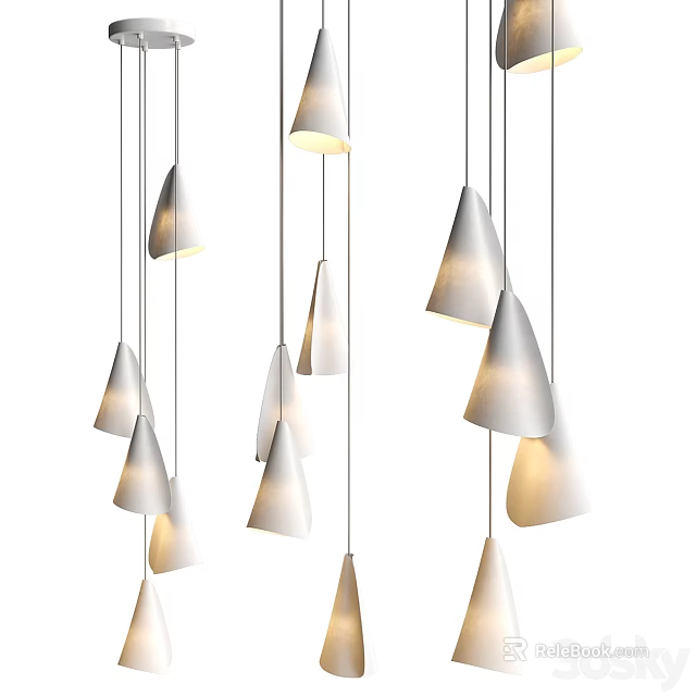 Modern White Conical Pendant Lights Hanging In Interior With Warm Lighting Effect 3d model