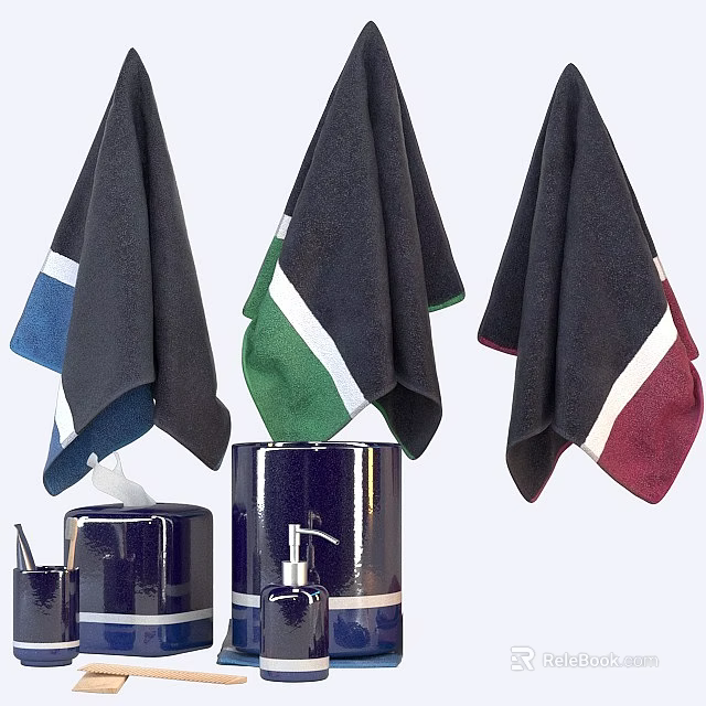 Three Colorful Striped Towels in Bathroom with Dark Blue Accessories 3d model 