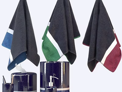 Three Colorful Striped Towels in Bathroom with Dark Blue Accessories 3d model