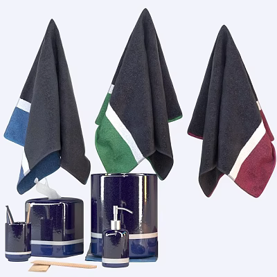 Three Colorful Striped Towels in Bathroom with Dark Blue Accessories 3d model