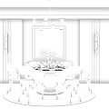 Elegant Round Dining Table Set with Six Gray Gold Chairs Marble Walls Chandelier Decorative Painting