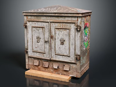 Vintage Entryway Console Cabinet with Double Doors Metal Handles Colorful Graffiti Wooden Base Industrial Style 3d model