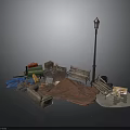 Outdoor Street Scene Elements With Street Lamp Bench Sofa Carpet And Tables
