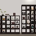 Antique Display Shelves Dark Wooden with Teapots Cups Jars Small Plant Photo Frame and Books