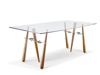 Modern Clear Glass Top Dining Table With Tapered Wooden Legs And Metal Brackets 3d model
