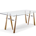 Modern Clear Glass Top Dining Table With Tapered Wooden Legs And Metal Brackets