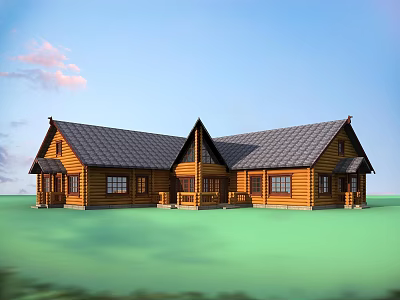 Wooden Cabin Exterior With Gabled Roof Multiple Windows Green Lawn And Blue Sky 3d model
