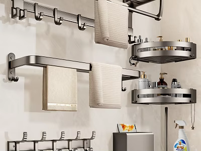 Bathroom Metal Hooks With Towel Rack Storage Shelf And Accessories 3d model