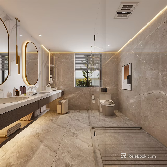 Modern Bathroom Interior Design With Marble Walls Double Vanity Round Mirror And Shower Area 3d model 