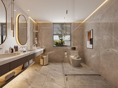 Modern Bathroom Interior Design With Marble Walls Double Vanity Round Mirror And Shower Area 3d model