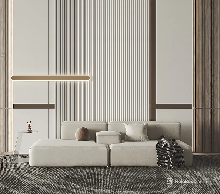 Beige Double Sofa In Modern Room With Vertical Striped Wall Long Pendant Light And Side Table 3d model 