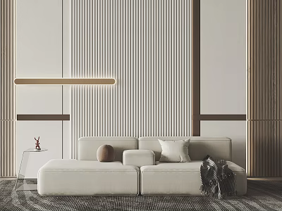 Beige Double Sofa In Modern Room With Vertical Striped Wall Long Pendant Light And Side Table 3d model