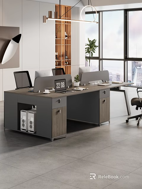 Modern Office Desk With Dividers Computer Towers Potted Plant And City View 3d model 