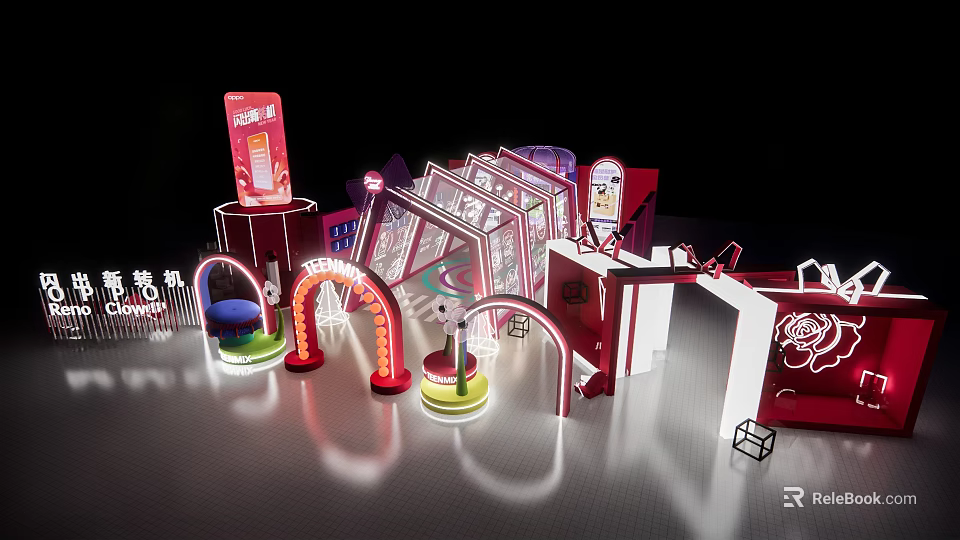 Vibrant Photo Check-in Spot With Neon Arches Display Stands And Decorative Lighting Elements 3d model 