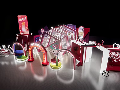 Vibrant Photo Check-in Spot With Neon Arches Display Stands And Decorative Lighting Elements 3d model