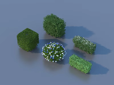 Diverse Green Plant Combinations With Various Shapes And White Blue Flowers 3d model
