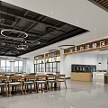 Modern Restaurant Interior With Circular Pendant Lights Dining Tables And Wooden Chairs