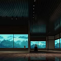 Cultural Center Interior Featuring Large Windows Mountain Scenery View And Wooden Ceiling