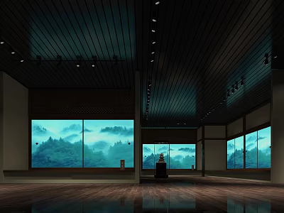 Cultural Center Interior Featuring Large Windows Mountain Scenery View And Wooden Ceiling 3d model