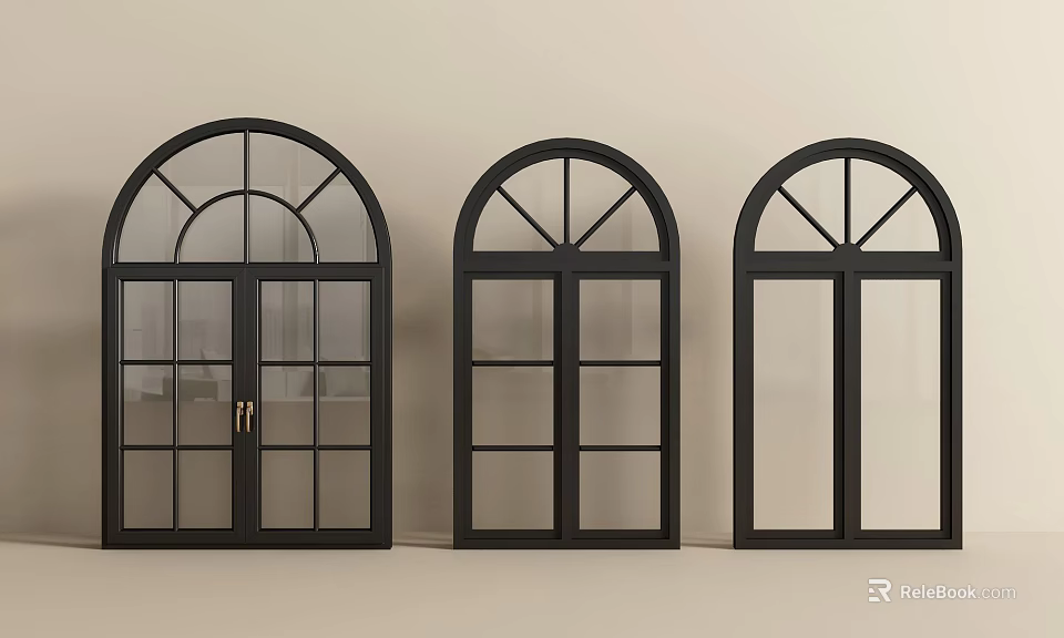 Casement Windows With Black Frames Arched Tops And Glass Panes Design 3d model