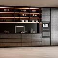 Modern Kitchen Interior Featuring Black Gray Cabinets Illuminated Shelves And Appliances