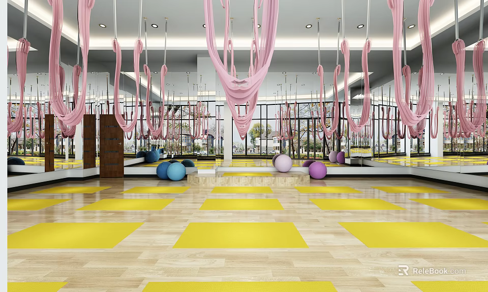 Spacious Yoga Fitness Studio With Pink Aerial Hammocks Yellow Yoga Mats And Mirrors 3d model 