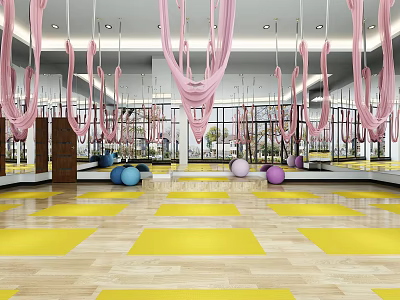Spacious Yoga Fitness Studio With Pink Aerial Hammocks Yellow Yoga Mats And Mirrors 3d model