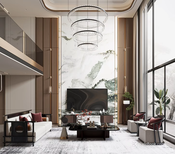 Duplex Living Room Interior With Marble Feature Wall Chandelier And Large Windows 3d model 