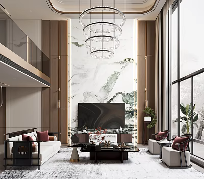 Duplex Living Room Interior With Marble Feature Wall Chandelier And Large Windows 3d model