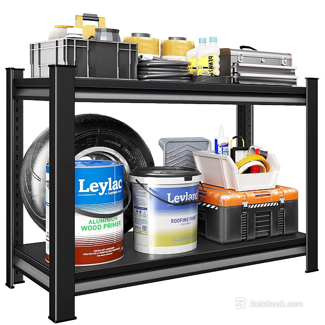 Black Metal Shelf with Leyland Paint Cans Tire Toolbox and Storage Boxes 3d model 