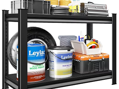Black Metal Shelf with Leyland Paint Cans Tire Toolbox and Storage Boxes 3d model