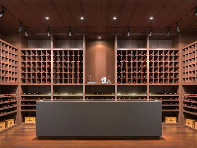 Wine Cellar Interior With Wooden Racks Rows Of Wine Bottles And Central Counter 3d model