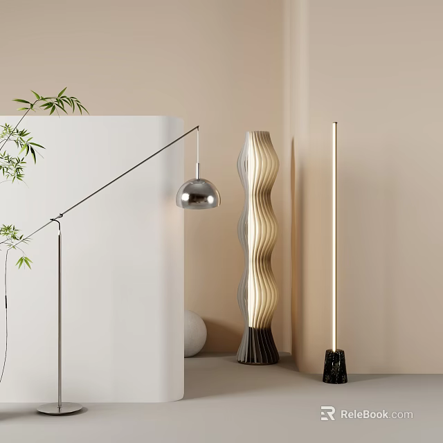Modern Floor Lamp With Curved Metal Arm Silver Shade Green Plant And Beige Wall Interior 3d model 