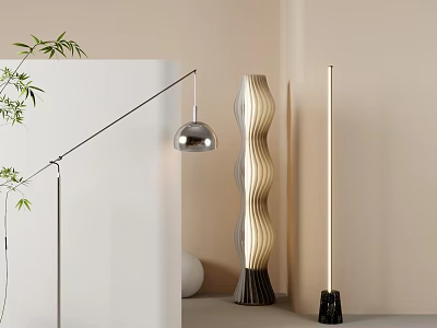 Modern Floor Lamp With Curved Metal Arm Silver Shade Green Plant And Beige Wall Interior 3d model