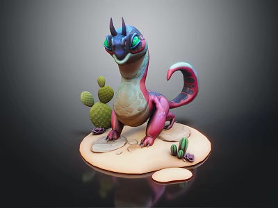 Vibrant Fantasy Creature With Purple Pink Body Green Eyes On Sandy Base With Small Cactus 3d model
